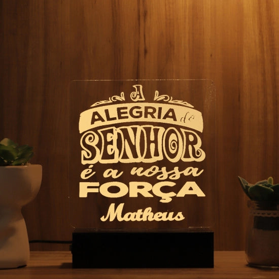 Luminária Abajur A Alegria do Senhor e a Nossa Força LED Amarelo