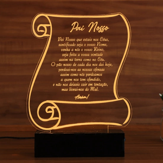 Luminária Abajur Pergaminho Oração Pai Nosso LED Amarelo