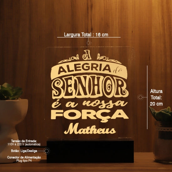 Luminária Abajur A Alegria do Senhor e a Nossa Força LED Amarelo