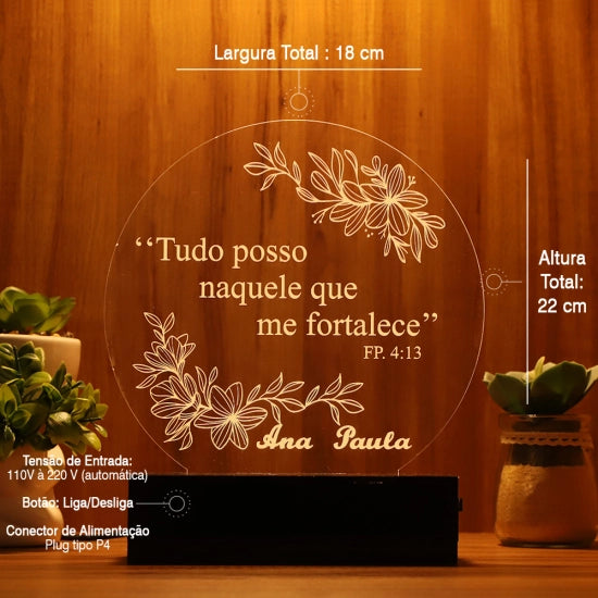 Luminária Abajur Filipenses 4:13 LED Amarelo