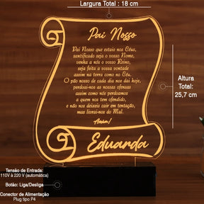 Luminária Abajur Pergaminho Oração Pai Nosso LED Amarelo