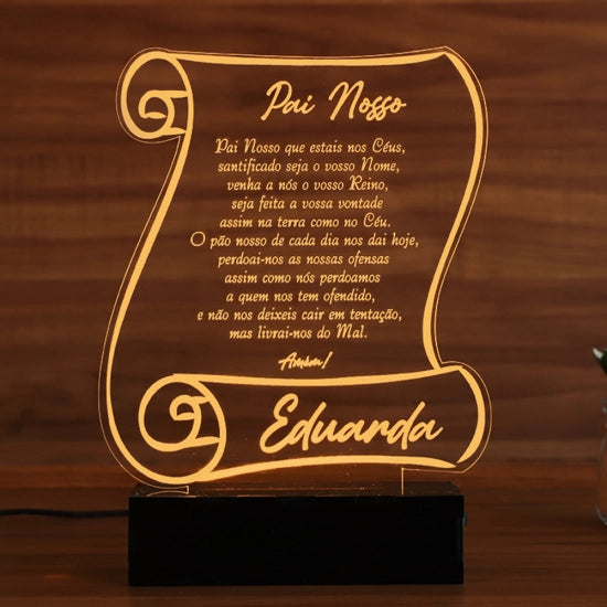 Luminária Abajur Pergaminho Oração Pai Nosso LED Amarelo